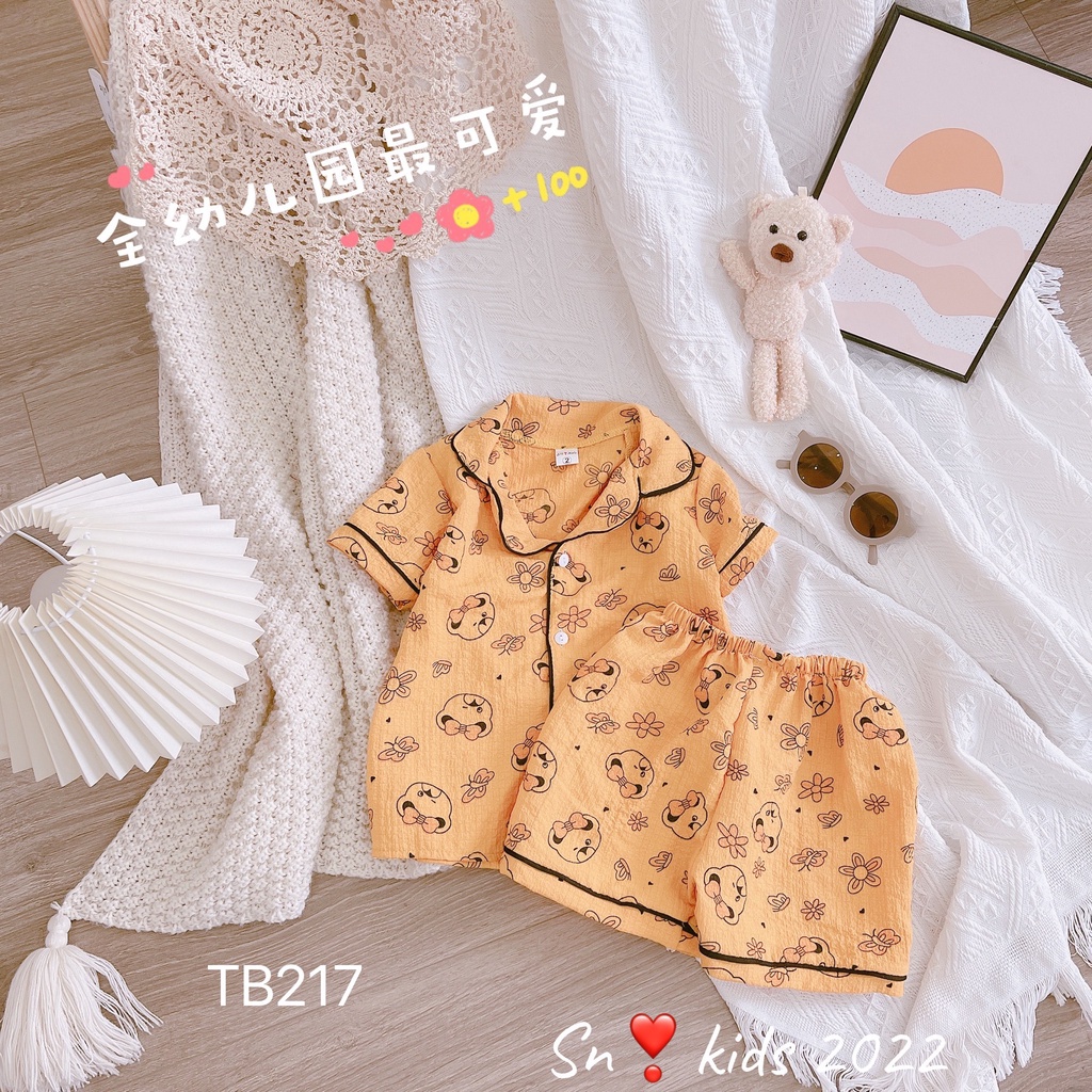 Bộ pijama cộc tay mặc nhà cho bé gái vải đũi xốp thoáng mát, mềm mại size từ 10 đến 20 kg