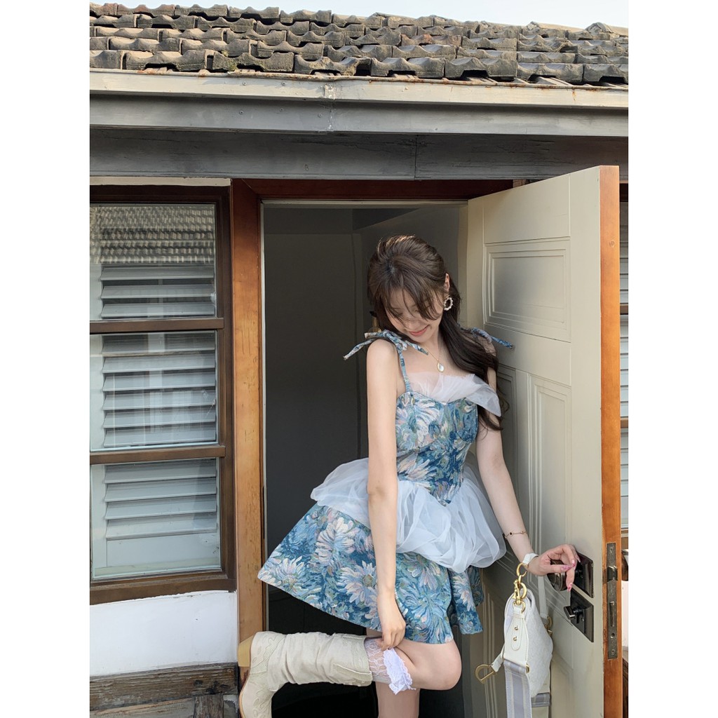 (R424) đầm ulzzang hai dây tranh sơn dầu Pháp em thiết kế size S M(kèm ảnh khách)