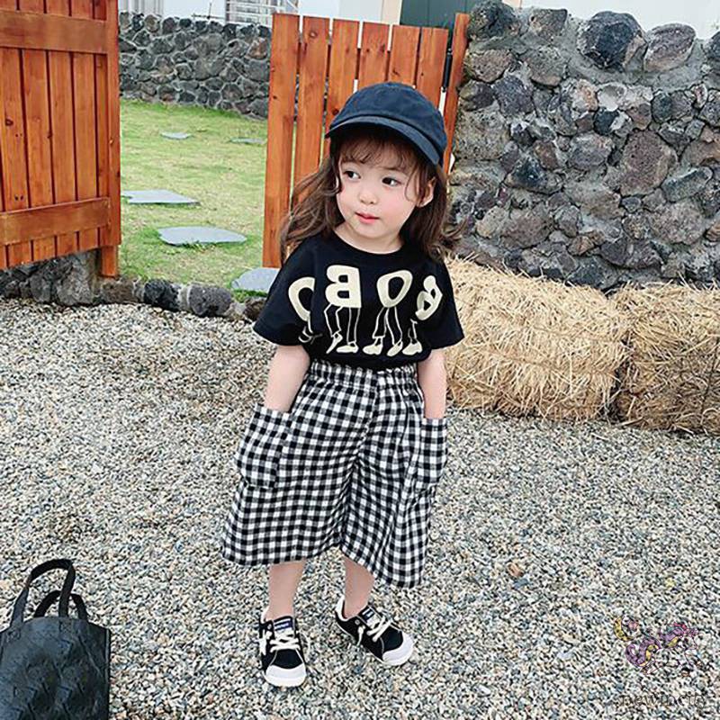 Set Áo Thun Tay Ngắn &amp; Quần Short Caro Cho Bé Gái