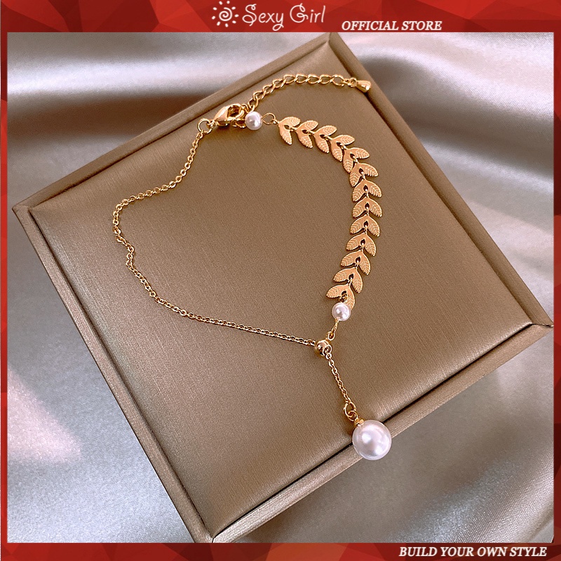 Vòng Đeo Tay Chuỗi Hạt Ngọc Trai Hình Chiếc Lá Thời Trang Cho Nữ