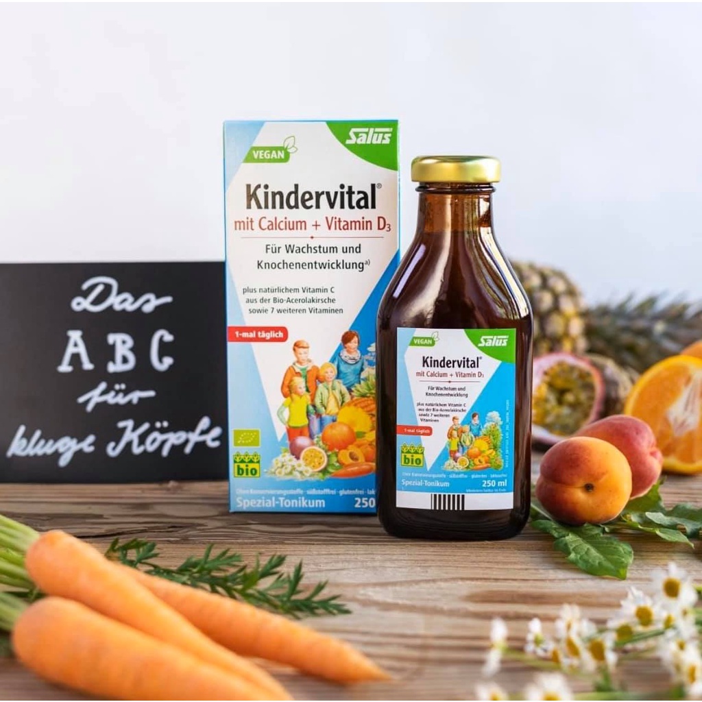Dung dịch siro bổ sung canxi D3 và các vitamin hữu cơ Kindervital Salus 250ml - dạng nước dễ hấp không gây nóng