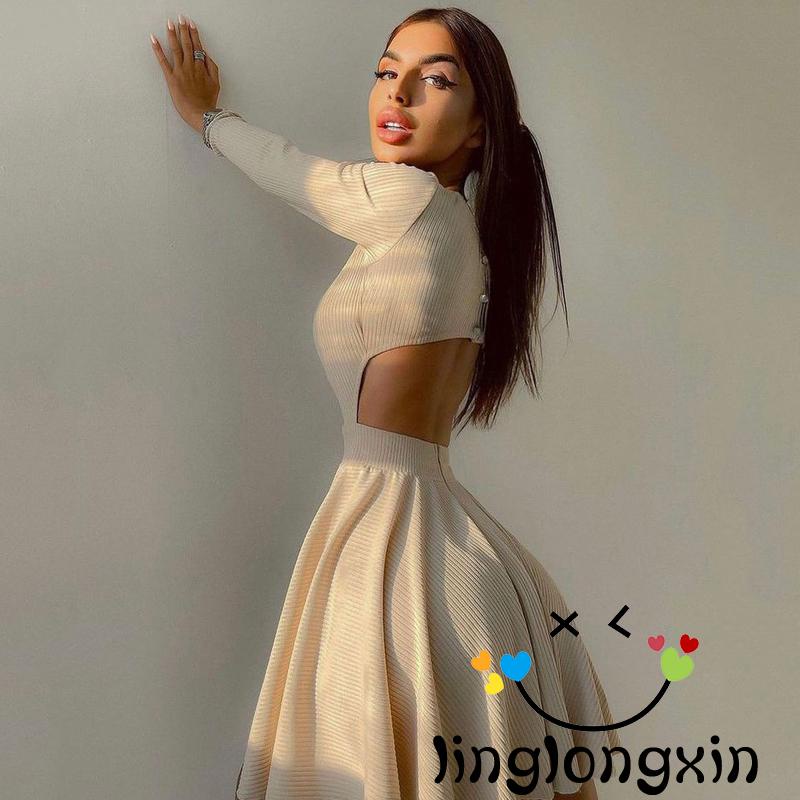 Đầm Ngắn Chữ A Tay Dài Cổ Thuyền Hở Lưng Màu Trơn Cho Nữ Linglongxi2-s