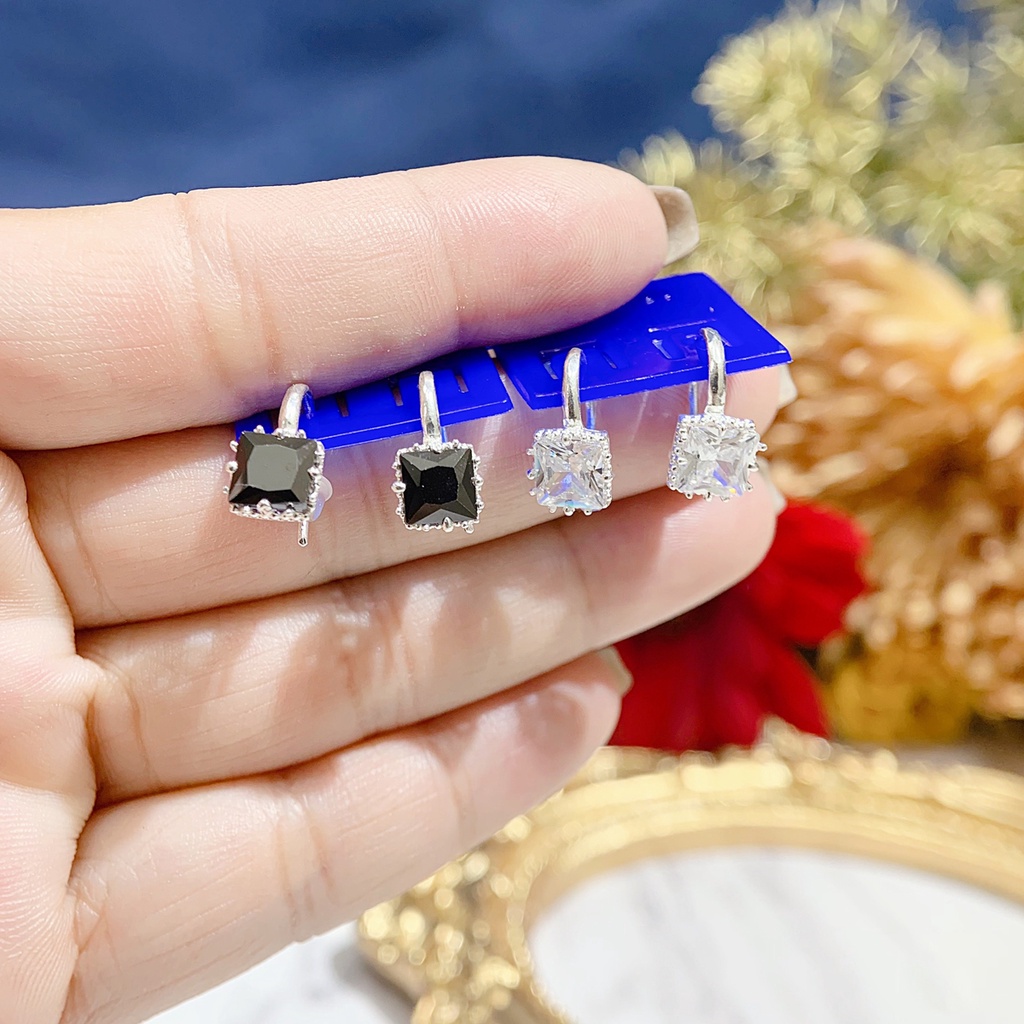 Bông tai bạc nữ PANSY móc đá vuông sang chảnh, khuyên tai bạc ta thật đẹp