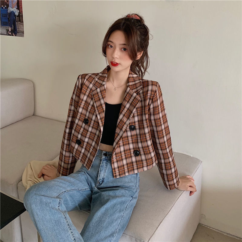 Áo Khoác Blazer Dáng Ngắn Kẻ Ca-Rô Trẻ Trung Thanh Lịch Phong Cách Hàn Quốc