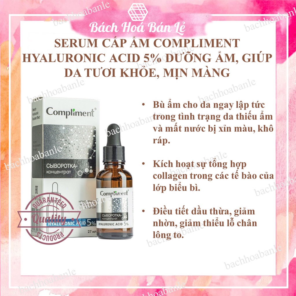 Serum cấp ẩm Compliment Hyaluronic Acid 5% bổ sung dưỡng ẩm cho da, giúp da tươi khỏe, mịn màng