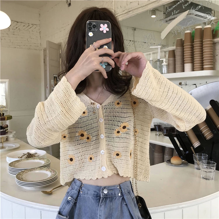 Áo Khoác Cardigan Dệt Kim Mỏng Tay Dài Dáng Ngắn Thêu Họa Tiết Thời Trang Cho Nữ