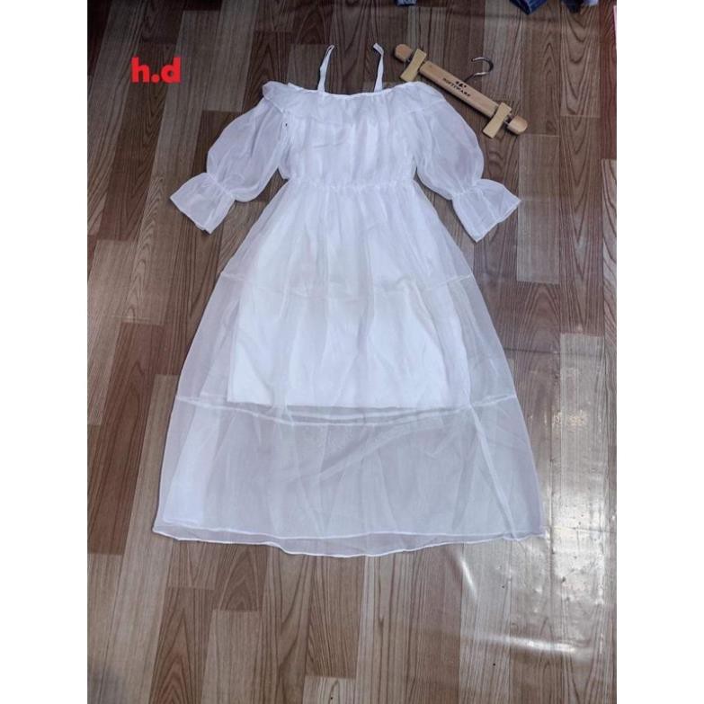 VáyĐầM MAXIX TRẮNG NỮ váy trễ vai hai dây tay voan bèo dáng xuông dài hai lớp dự tiệc [MÃ NAMAANH97 GIẢM 35% ĐƠN 139000] | BigBuy360 - bigbuy360.vn