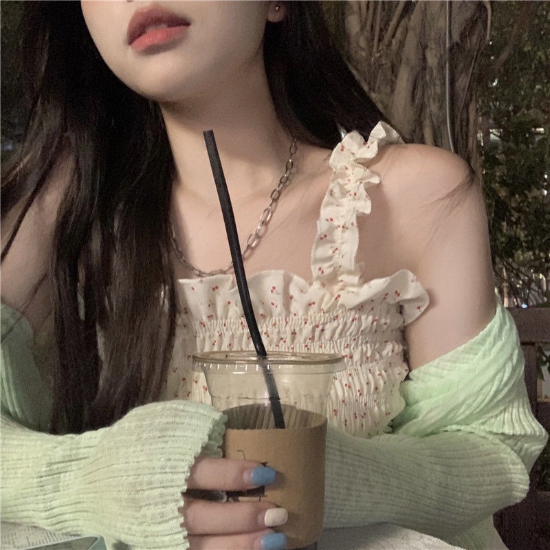 Áo 2dây dáng ôm body họa tiết hoa nhí trẻ trung, Áo hai dây bản to dáng croptop ulzzang Hàn Quốc