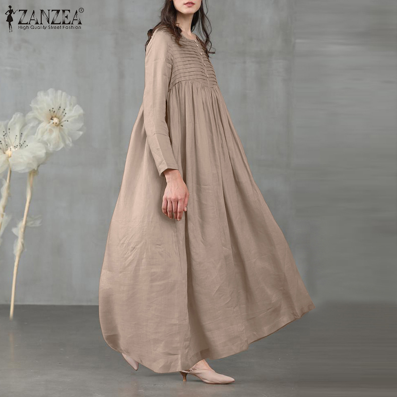 Đầm ZANZEA Cho Nữ Tay Dài Cổ Vuông Xếp Ly Thời Trang