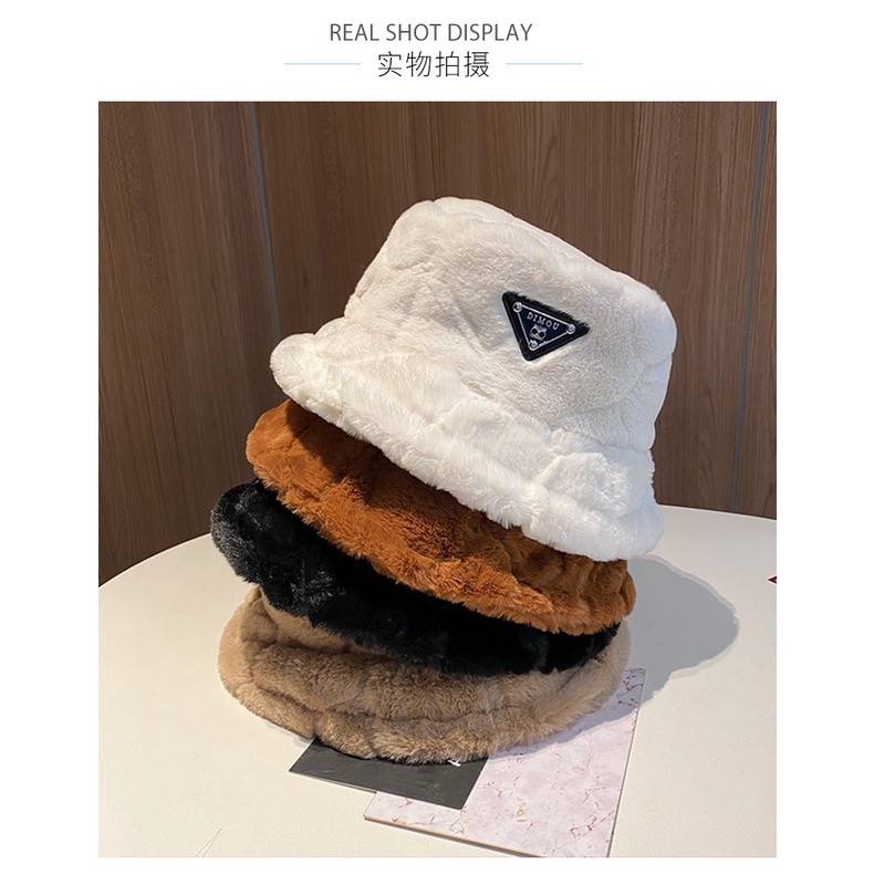 Mũ bucket phối lông ấm áp phong cách Harajuku Nhật Bản thời trang mùa đông cho nữ 2021