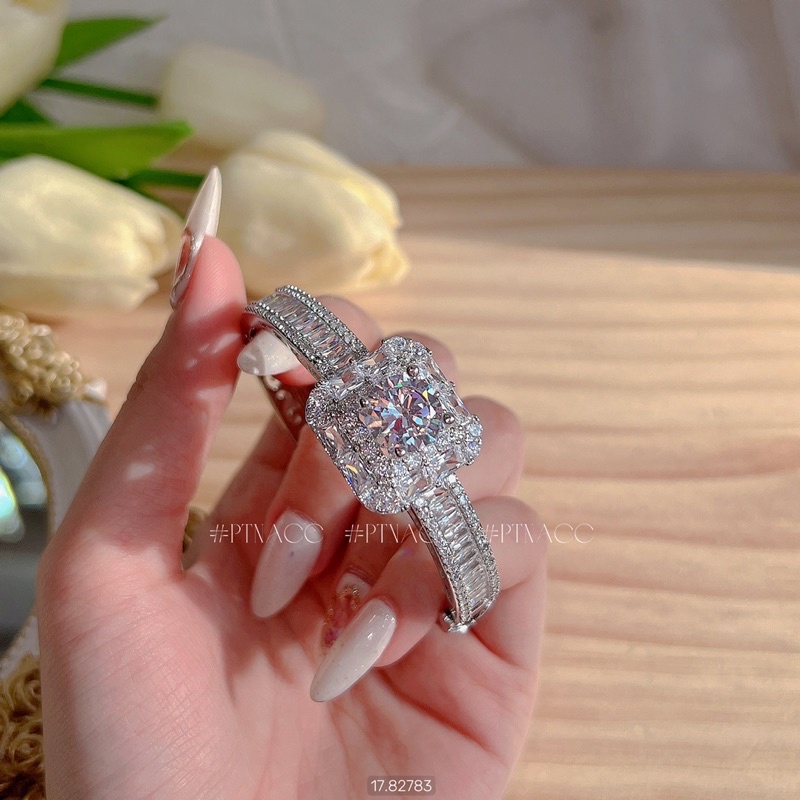 Set trang sức, bộ bông tai, dây chuyền, vòng tay, nhẫn xi bạch kim đá vuông đính full paguet .PTNACC.