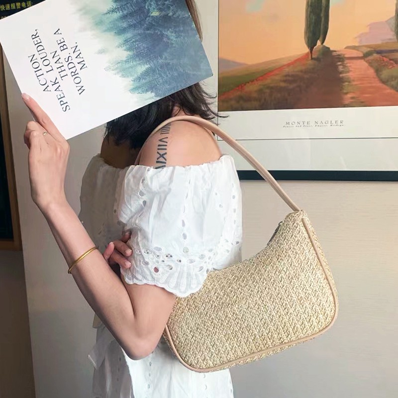 (HotTrend) Túi Nữ Kẹp Nách Phong Cách Vintage Chất Cói Phối Quai Da Độc Đáo C936