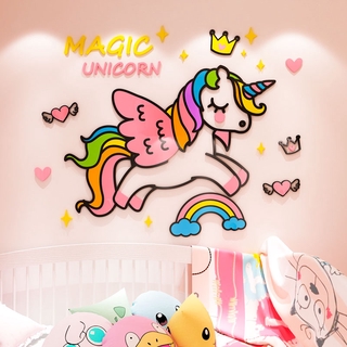 [Hàng VN]Tranh Dán Tường Mica 3D unicorn kỳ lân màu hồng đáng yêu trang trí phòng cho bé, Mầm Non, Mẫu Giáo