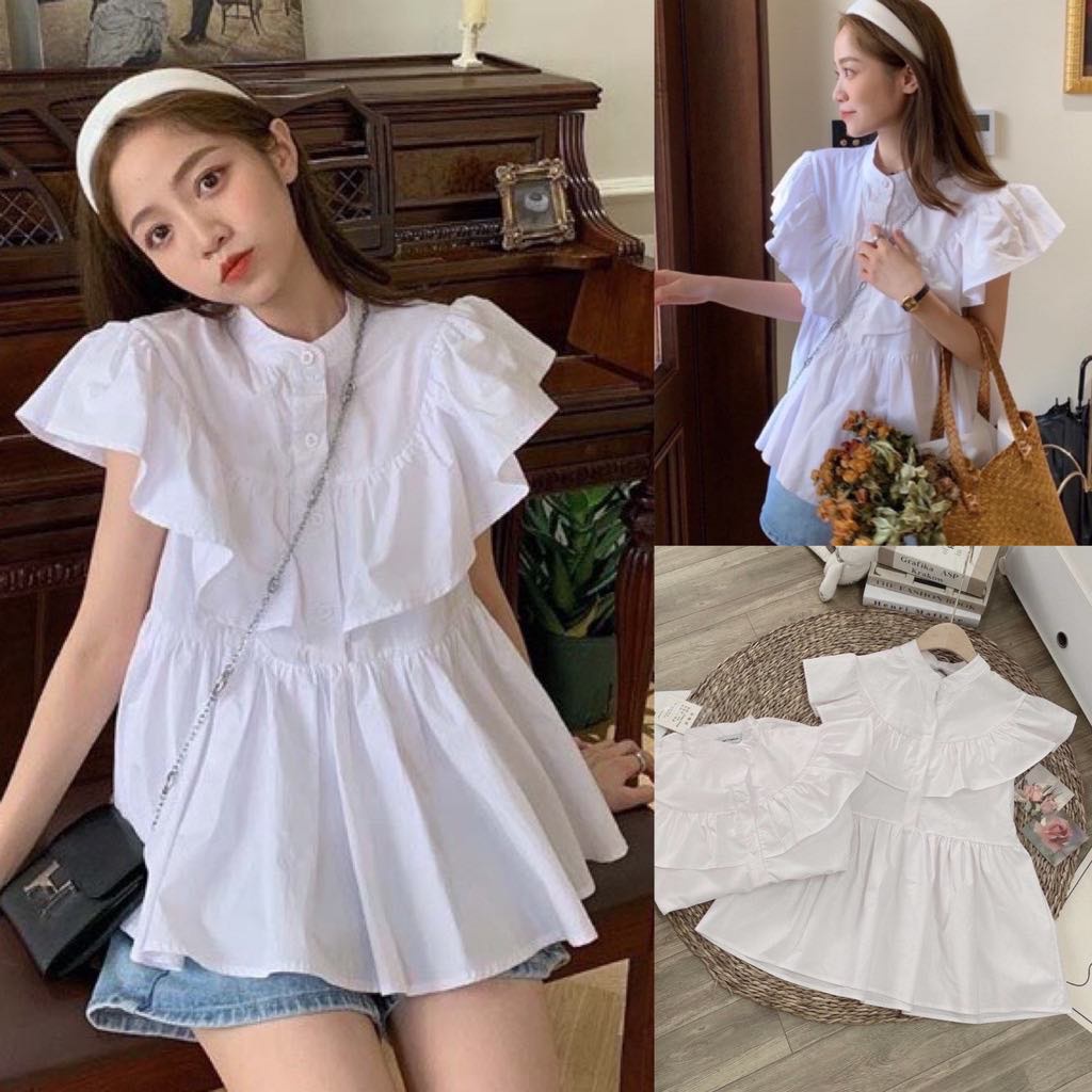 Áo cộc sơ mi cổ trụ- cộc tay- dáng babydoll màu trắng tiểu thư. MET SHOP