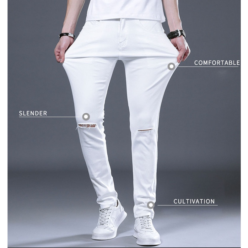 quần jean trắng nam rách gối co giãn slimfit 2022 Pon.mens