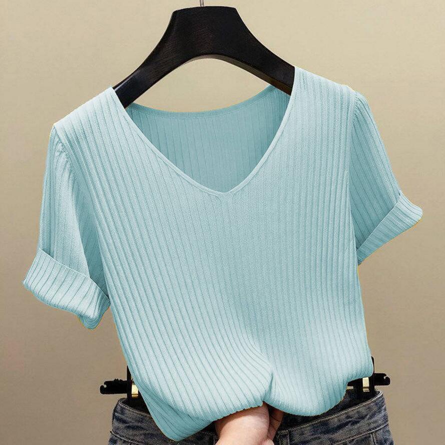 Fashion V-Neck Ice Silk Knitwear Versatile Slim Fit T-Shirt Ladies Tops