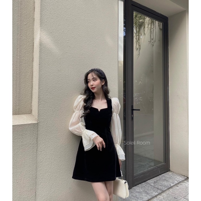 [ Có sẵn ] Váy liền phối tay voan cổ vuông cách điệu hàng chuẩn l1 | BigBuy360 - bigbuy360.vn