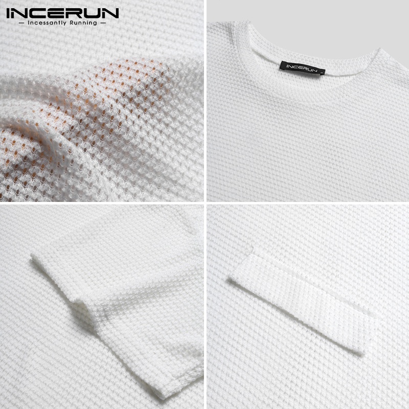Áo INCERUN dáng mỏng tay ngắn thiết kế khoét lỗ xuyên thấu thời trang đơn giản dành cho nam