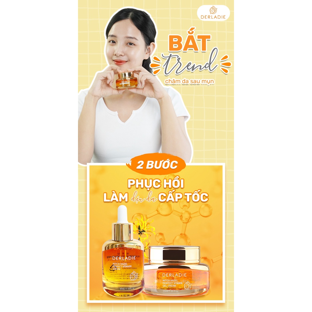Bộ đôi Serum, Kem dưỡng Derladie Witch Hazel Perfect Vitamin ngừa mụn, giảm thâm, làm đầy sẹo rỗ