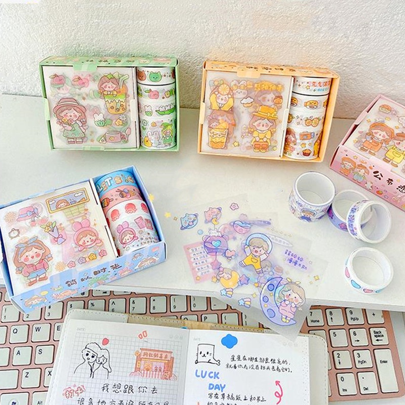 Set 8 cuộn băng dán washi RUIXIANG 01926 họa tiết hoạt hình trang trí dễ thương DIY