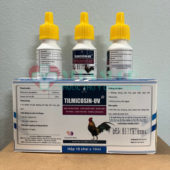 UV TILMICOSIN 10ML - Khò khè, chảy nước mắt, nước mũi, tang, phù nề, thông khí quản cho gà đá