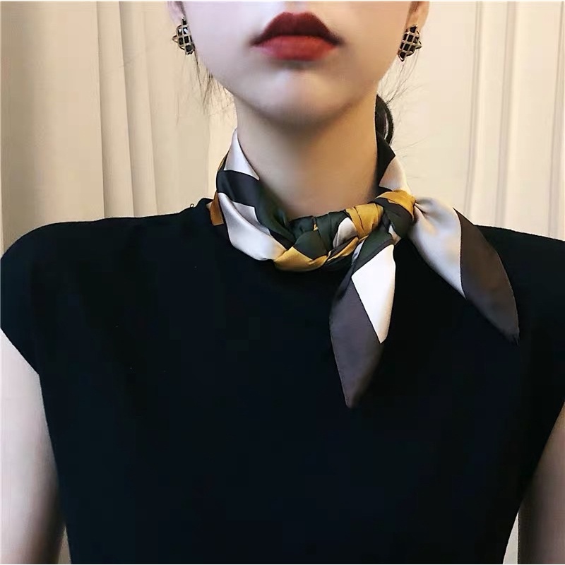 Khăn lụa vuông kẻ ô màu đơn giản cột cổ áo sơ mi - Maben