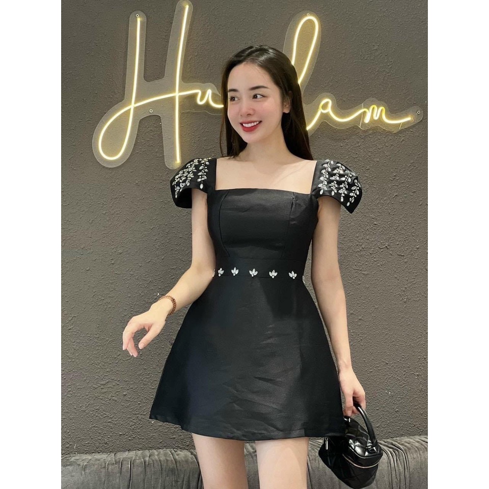 Đầm tay ngắn con phối đá đen cườm hạt cổ vuông ulzzang váy đi tiệc đám cưới sinh nhật