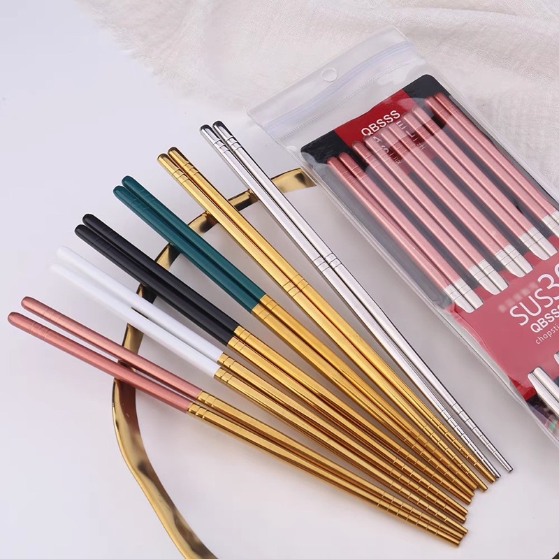 Set 5 Đôi Đũa Ăn  inox 304 Cao Cấp Mạ Vàng Sang Trọng