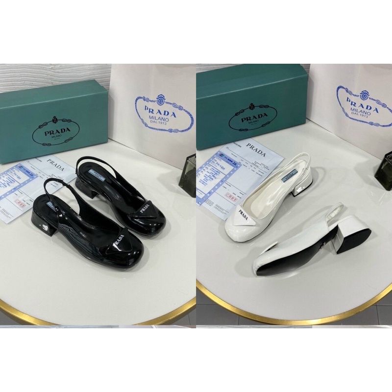 Giày gót thấp 3cm da bóng Prada