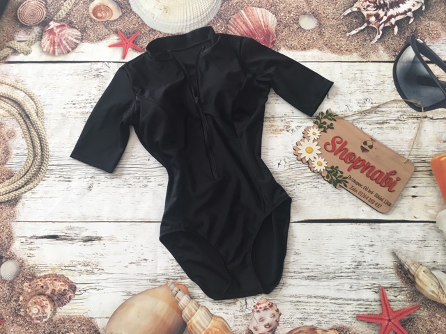 Đồ bơi nữ liền thân kín đáo- bikini đi biển liền mảnh tay ngắn có dây kéo- shopnabi
