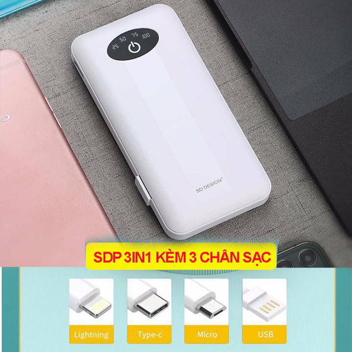Sạc dự phòng SD G01 tích hợp 4 cáp sạc Micro, Lingtning, TypeC Cho Xiaomi Samsung IPhone Oppo, Pin 10.000mAh