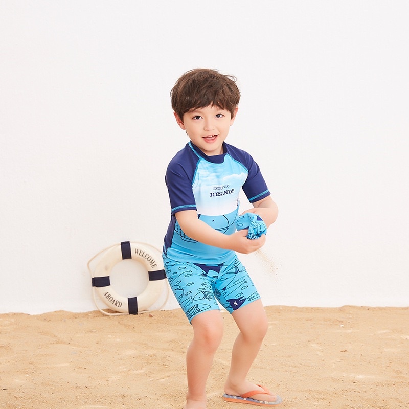 Bộ đồ bơi bé trai tay ngắn quần lửng in hình cá xanh Icesand siêu kute