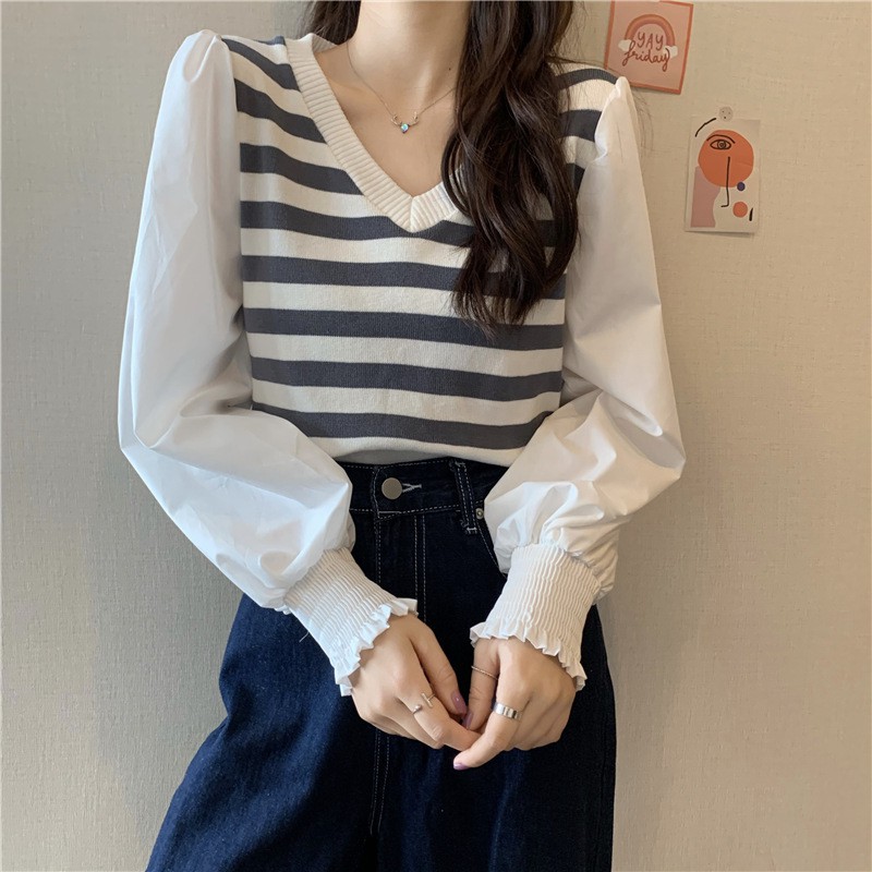 Áo len nữ kiểu Hàn Quốc dài tay cổ tim phối tay bồng sơ mi 3 màu xinh xắn | BigBuy360 - bigbuy360.vn