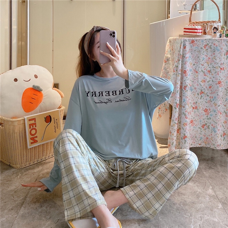 Bộ ngủ dài tay cotton mềm mại pyjama mặc nhà phong cách Hàn Quốc 2021, đồ bộ thu đông