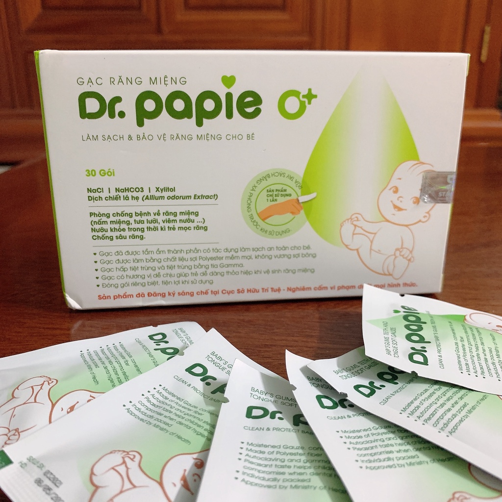 Gạc răng miêng Dr. papie tưa lưỡi làm sạch và bảo vệ răng miệng cho bé 1 hộp 30 gói Bunakids AT24