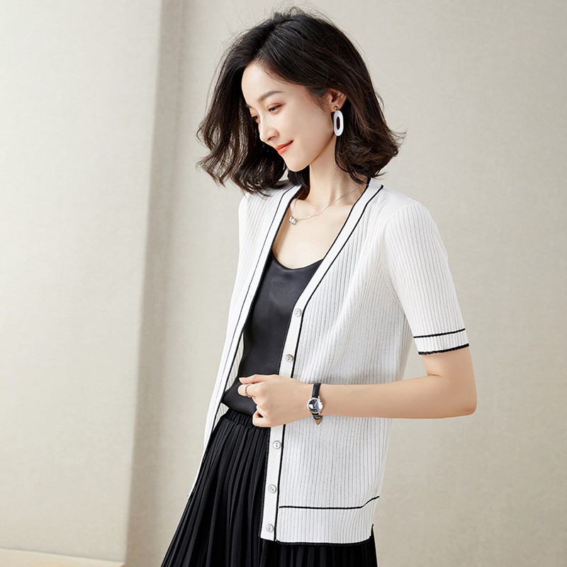 Áo Cardigan Dệt Kim Tay Ngắn Cài Khuy Họa Tiết Kẻ Sọc Thời Trang Mùa Hè Phong Cách Hàn Quốc Cho Nữ