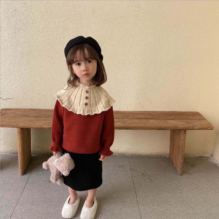 Áo dệt kim cổ tròn dày dặn giữ ấm phong cách Hàn Quốc thời trang thu đông dành cho bé gái