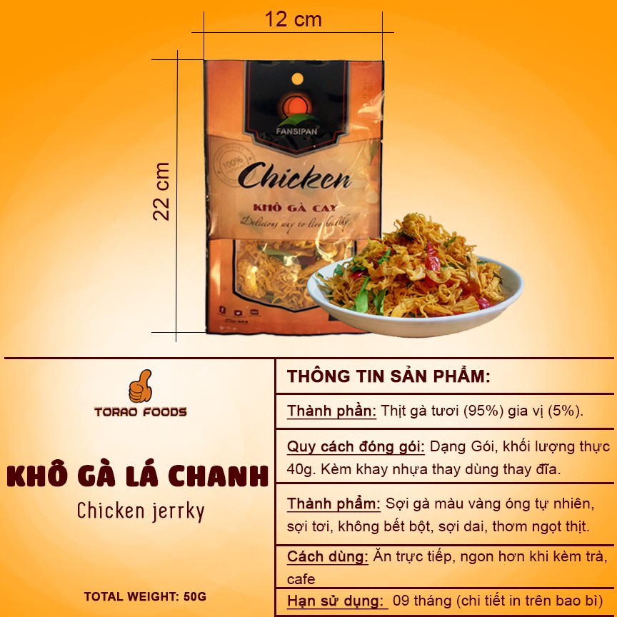 Khô gà lá chanh Fansipan 50g - khô gà lá chanh cay loại 1, thơm ngon không chất độn đảm bảo An toàn vệ sinh Thực phẩm