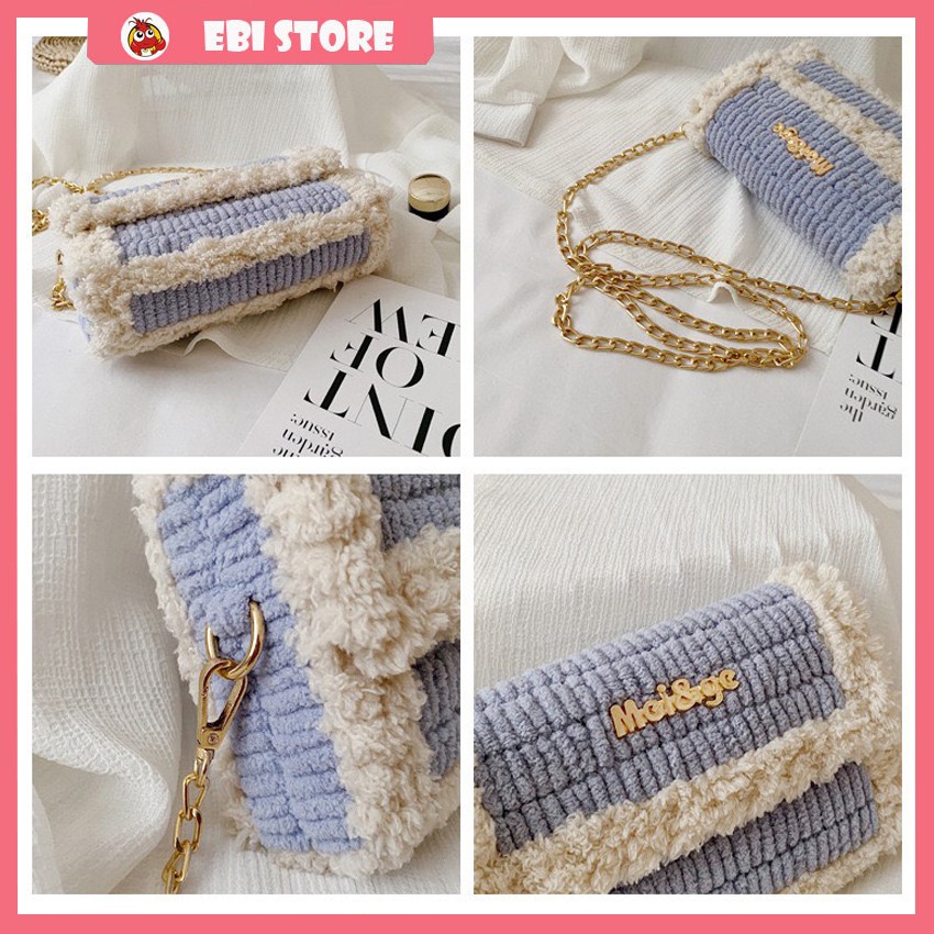 Túi Handmade Viền Xù ❤️ Ebi Store - Freeship ❤️ Túi Len Tự Đan Phối Màu Sành Điệu, Nguyên Set Phụ Kiện