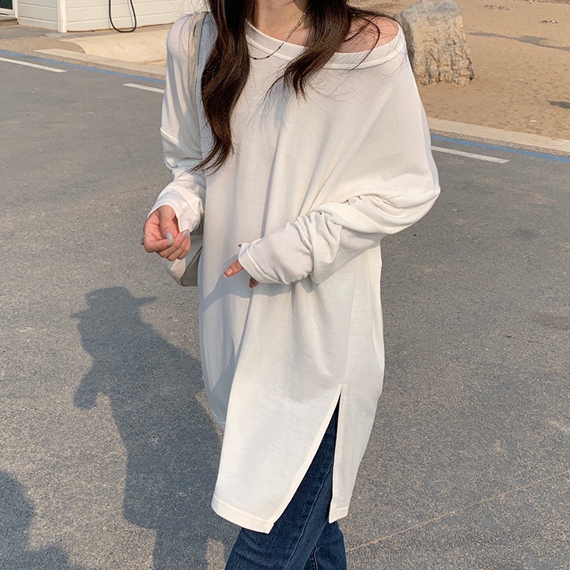 Áo Thun Tay Dài Dáng Rộng Xẻ Tà Kiểu Hàn Quốc Thời Trang Mùa Thu Cho Nữ