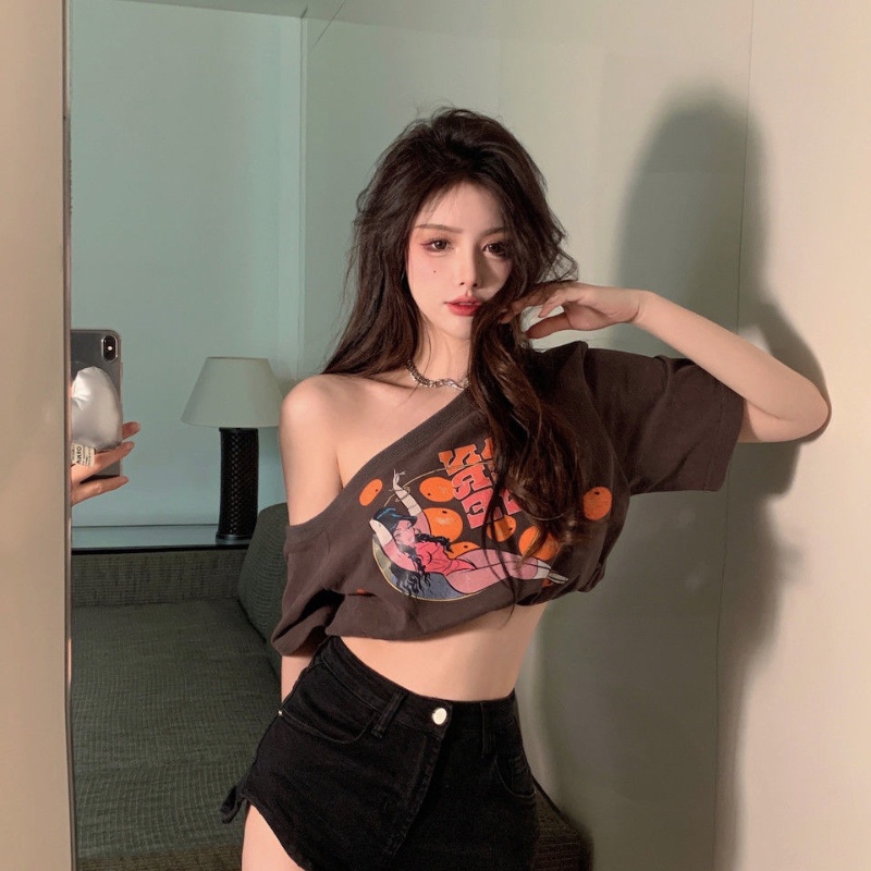 COZOK Áo Thun Tay Ngắn Hở Vai In Họa Tiết Phong Cách retro Thời Trang Cho Nữ