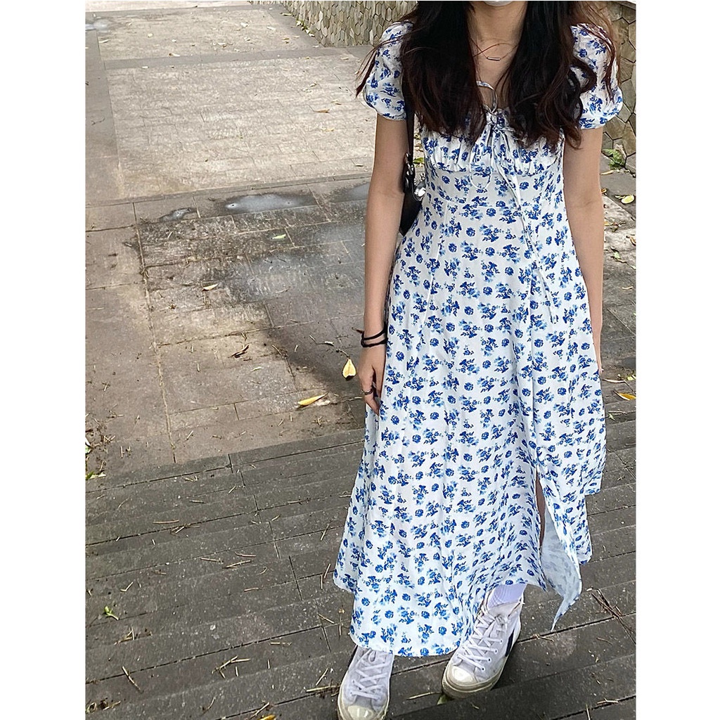 Đầm Dáng Chữ A Cổ Vuông Chiết Eo In Họa Tiết Hoa Phong Cách Hàn Quốc Thời Trang Mùa Hè Xinh Xắn Cho Nữ