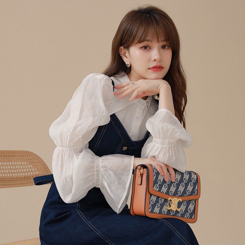 Set đầm yếm denim màu xanh lam đậm kiểu Hàn Quốc duyên dáng dành cho nữ (có bán lẻ áo sơ mi / đầm)