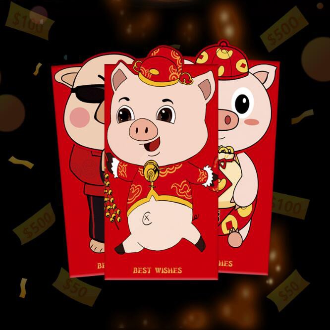 Bộ 6 Bao Lì Xì Năm Mới 2019 Hình Chú Heo Hoạt Hình Xinh Xắn