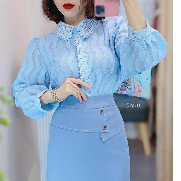 [ Mã WASTRUN4 giảm 10% tối đa 30K đơn 99K] Áo Sơ Mi Ren Dài Tay Sóng Chìm CHUU A5355