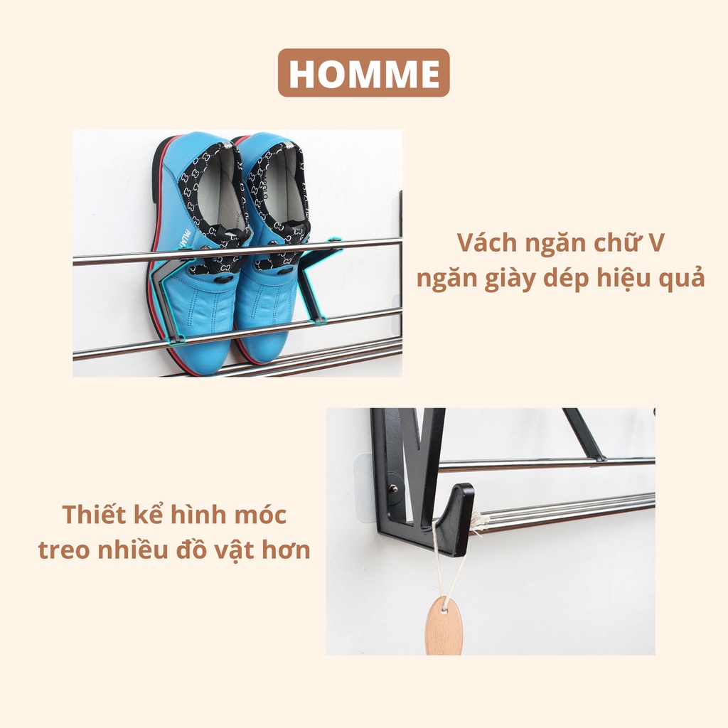 Giá để giày dán tường HOMME kệ để giày, dép phòng tắm, nhà cửa 2 ngăn inox