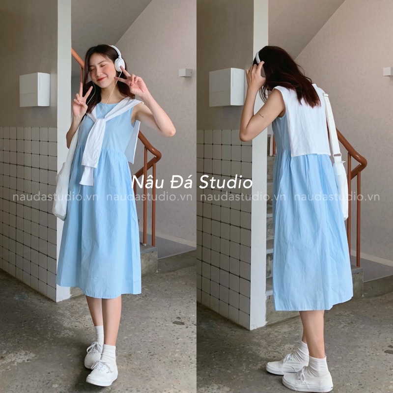 ĐẦM - VÁY BABYDOLL CỘC TAY DÁNG DÀI TẶNG KÈM KHĂN  - NÂU ĐÁ STUDIO.