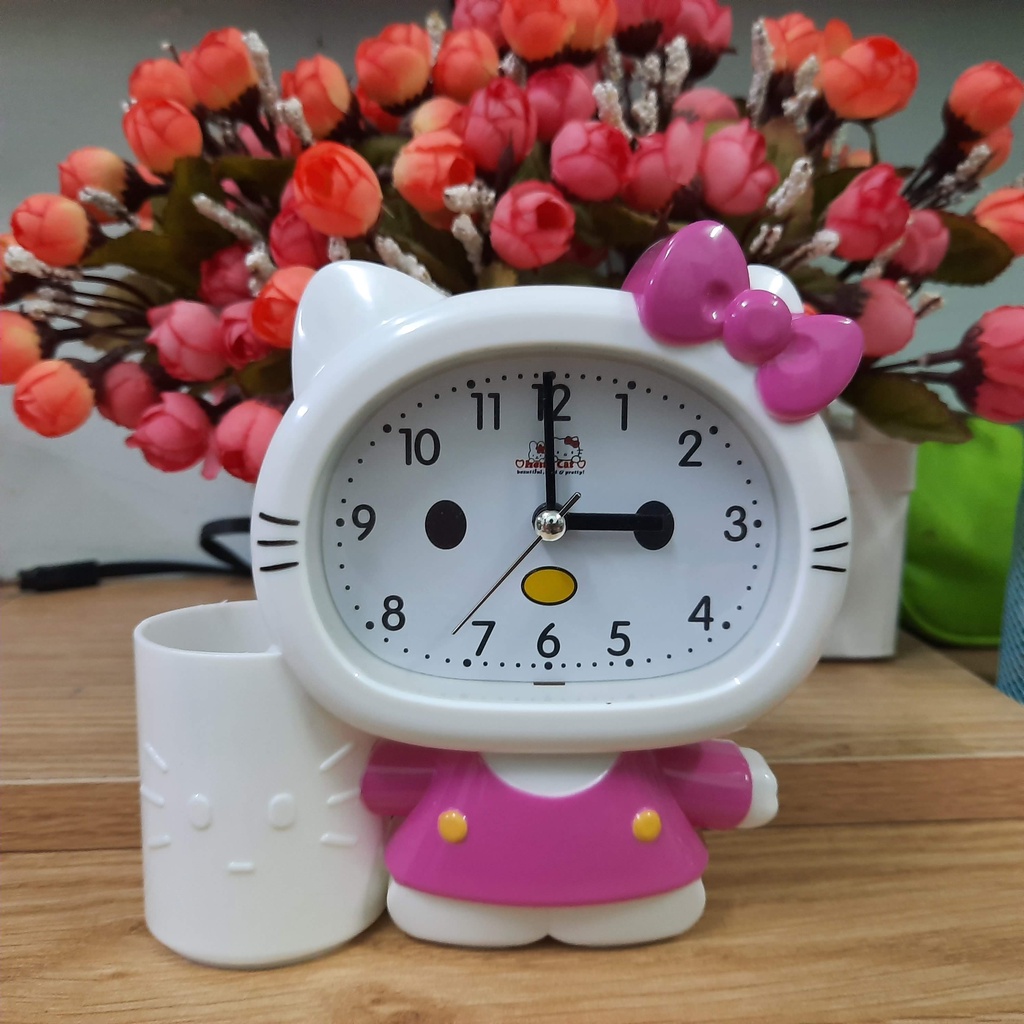 Đồng hồ để bàn chức năng xem giờ báo thức có lọ đựng bút hình mèo Hello kitty