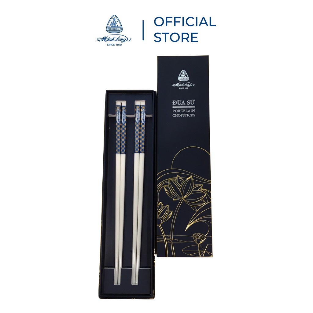 Bộ 02 đôi đũa sứ dưỡng sinh Minh Long 24.4 cm - Xanh - Trang trí vàng - Họa tiết 3 -