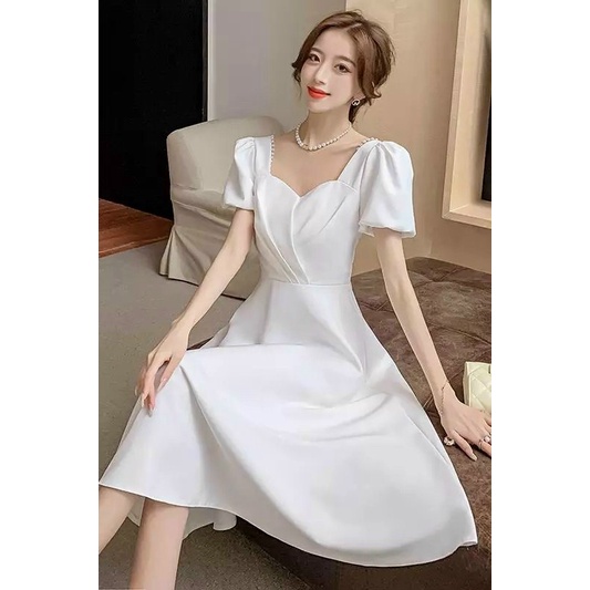 Đầm Đi Tiệc Dáng Suông Dài Tay Phồng, Đầm Tay Lững Xếp Ly Ngực Ba Màu Trắng, Đỏ, Đen Váy Xòe Nữ Dài Qua Gối Sang Chảnh N